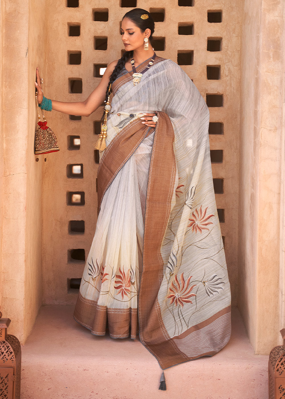 Buy MySilkLove Wafer Grey Printed Kora Silk Saree Online