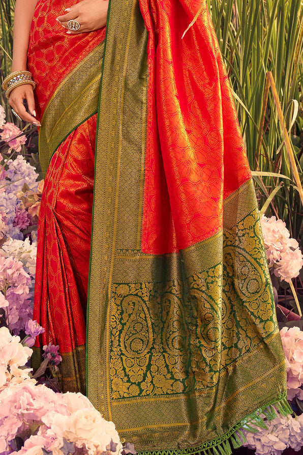 Buy MySilkLove Tuscany Red and Green Woven Kanjivaram saree Online