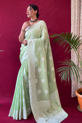 Sage Green Lucknowi Woven Linen Saree