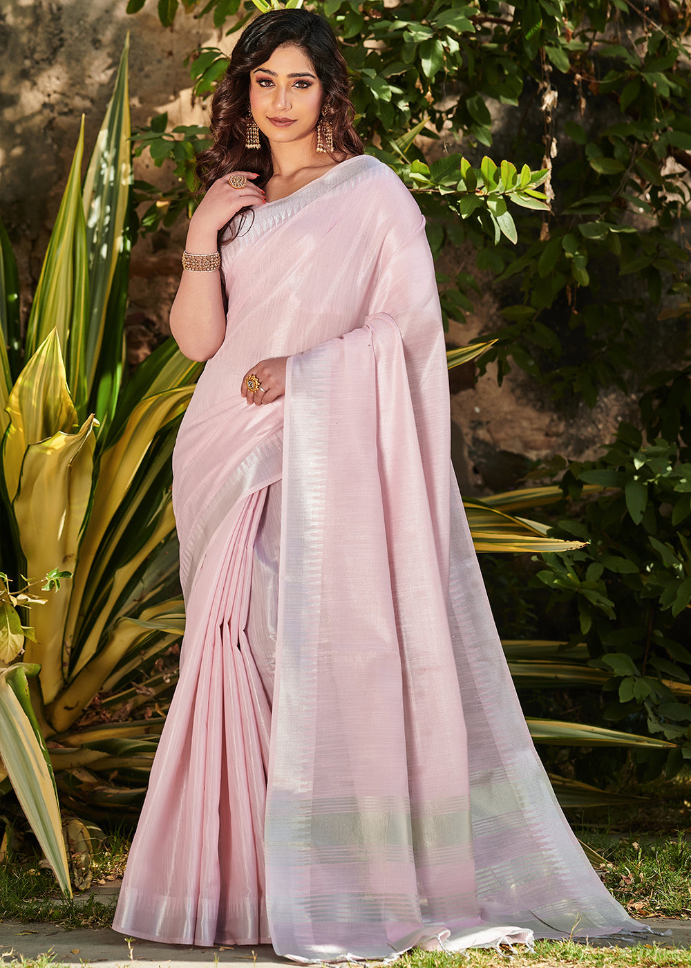 Buy MySilkLove Oyster Pink Zari Woven Tissue Linen Saree Online