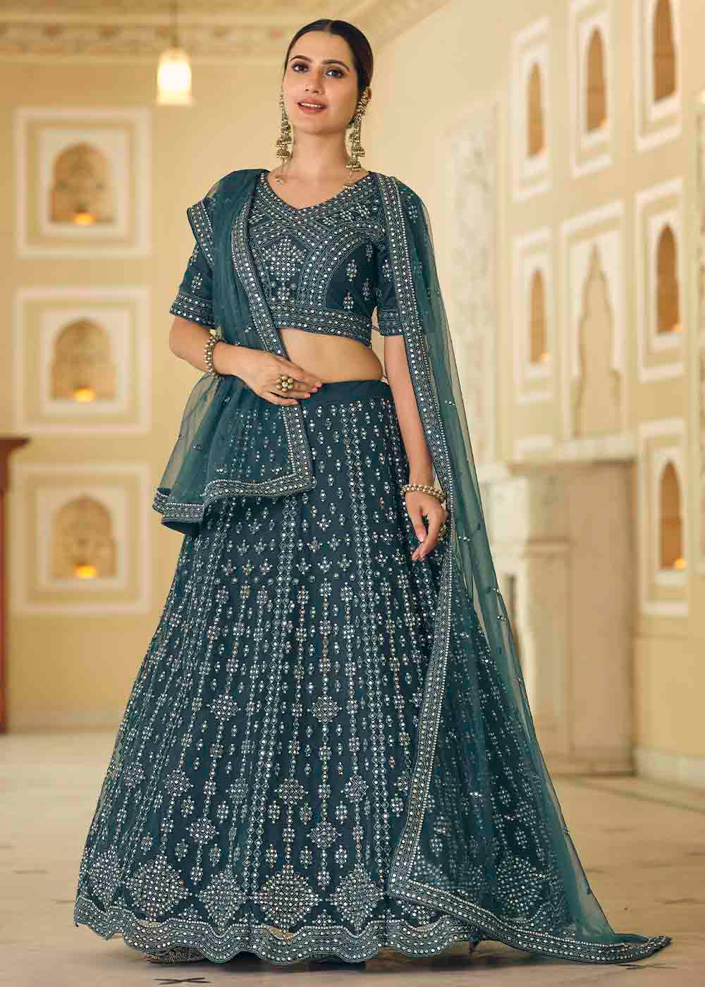 Buy MySilkLove Limed Spruce Blue Soft Net Lehenga Choli Online