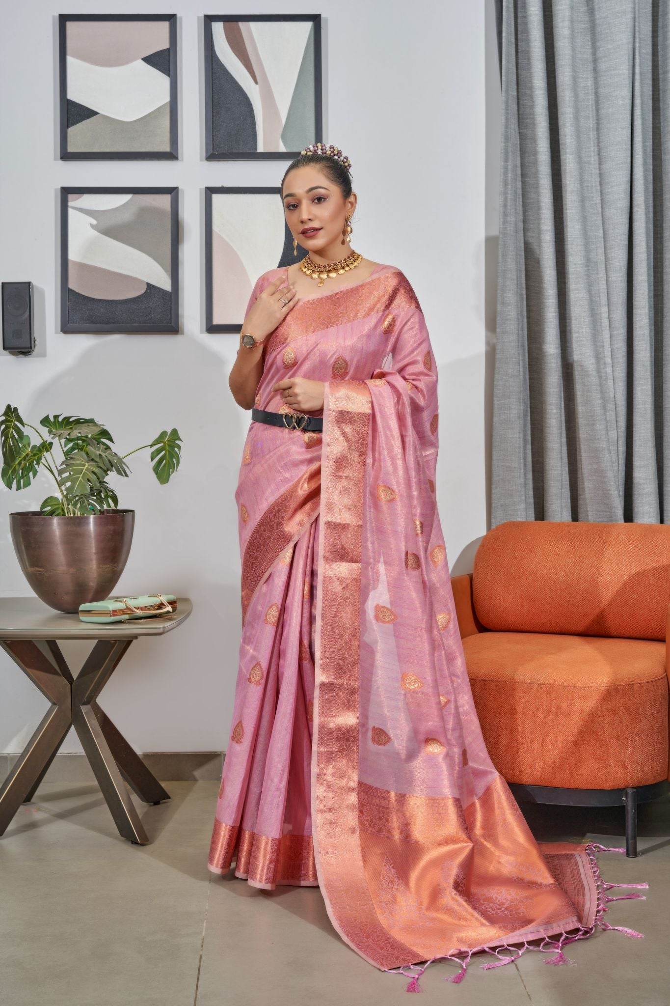 Buy MySilkLove Beauty Bush Pink Woven Organza Tissue Silk Saree Online