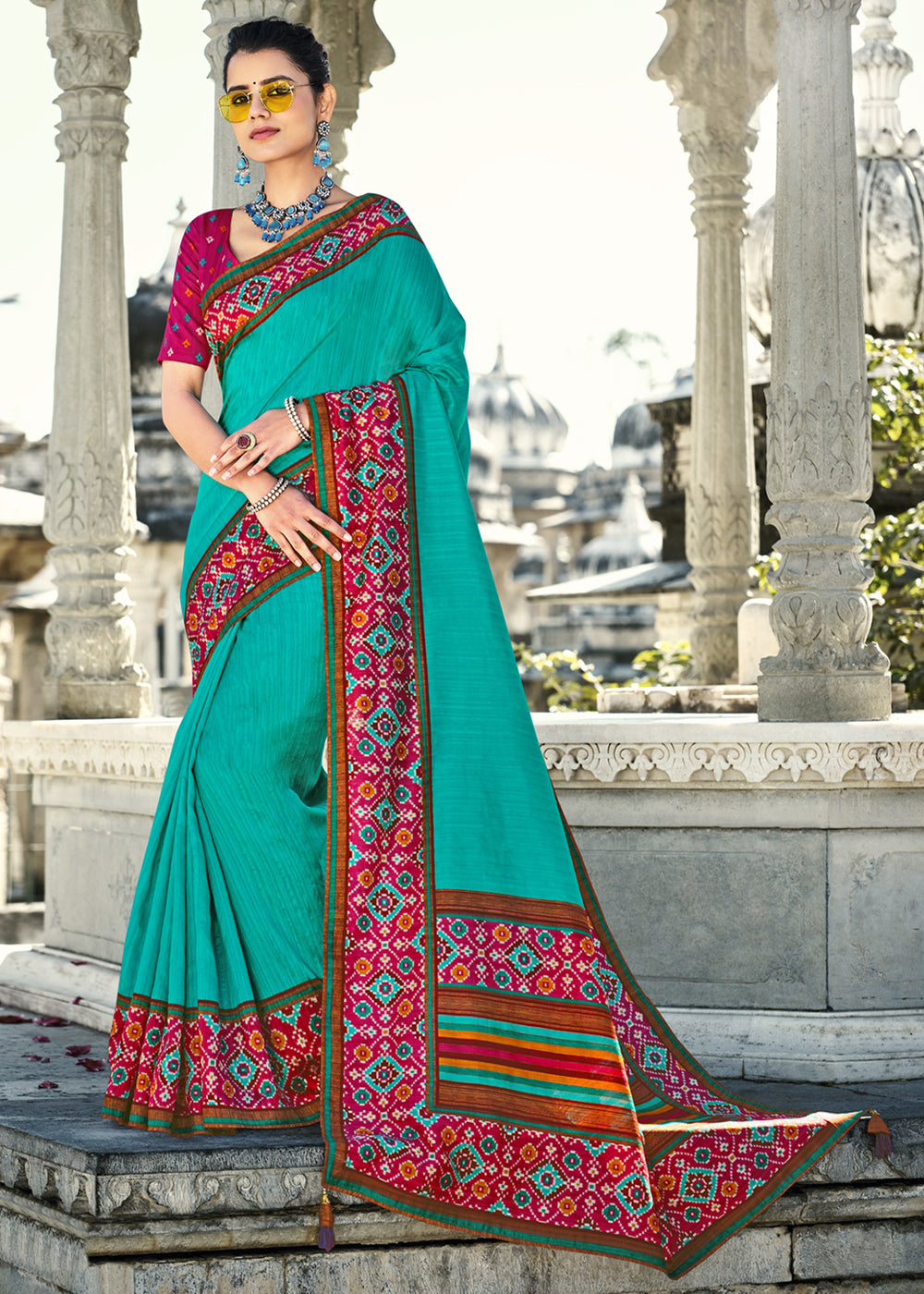 Buy MySilkLove Turquoise Blue and Pink Gadhwal Silk Saree Online