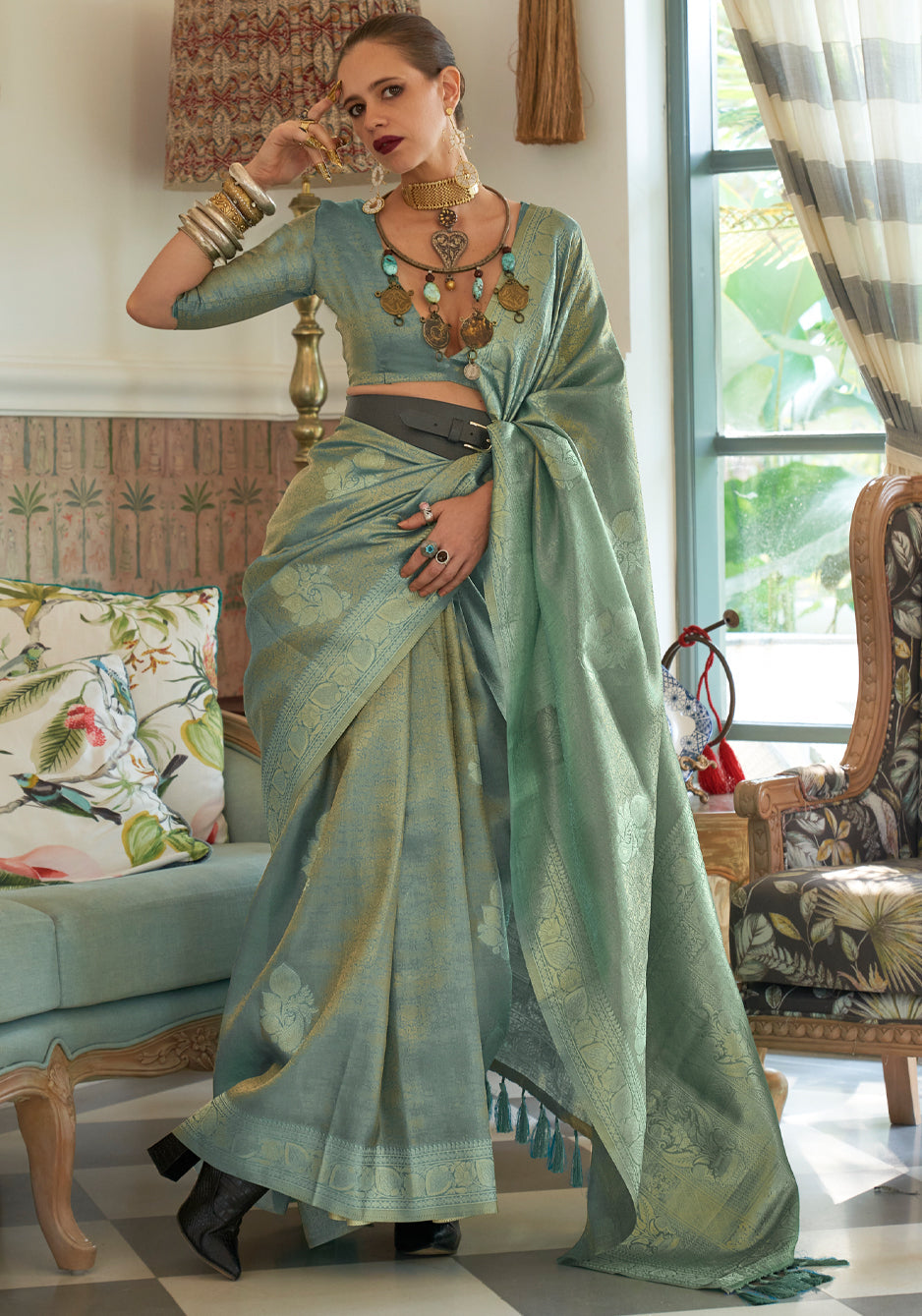 Buy MySilkLove Camouflage Green Woven Banarasi Satin Tissue Silk Saree Online