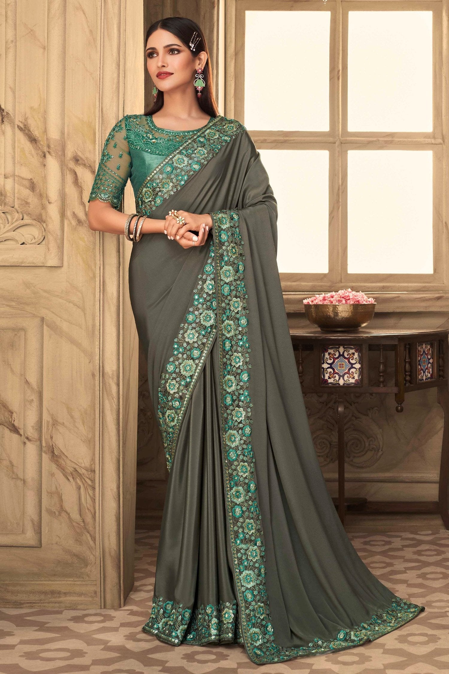 Buy MySilkLove Flint Grey Designer Silk Saree Online