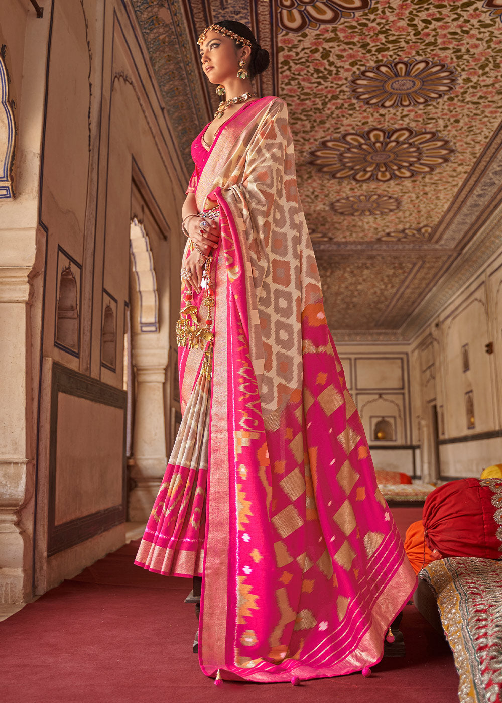 Buy MySilkLove Cerise Pink and White Printed Ptola Silk Saree Online