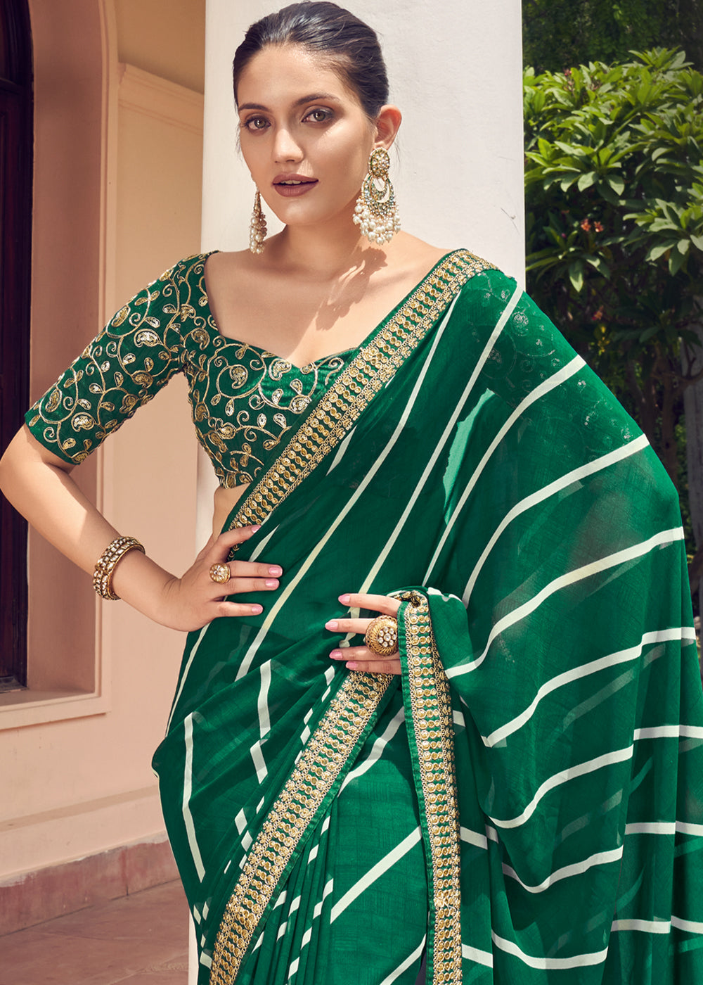 Buy MySilkLove Gable Green Lehriya Print Georgette Saree With Embroidered Blouse Online