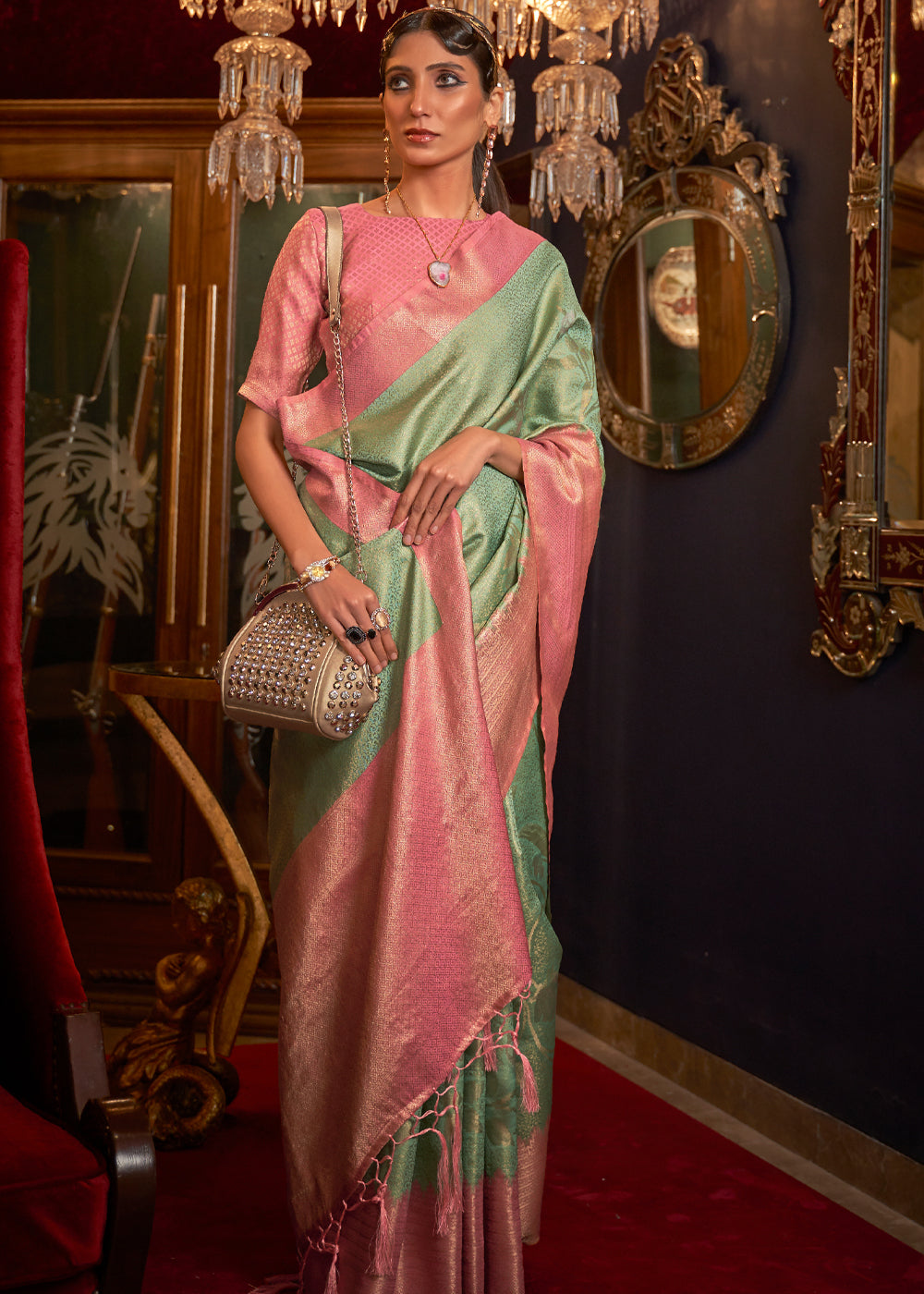 Buy MySilkLove Viridian Green Zari Woven Banarasi Tanchoi Silk Saree Online