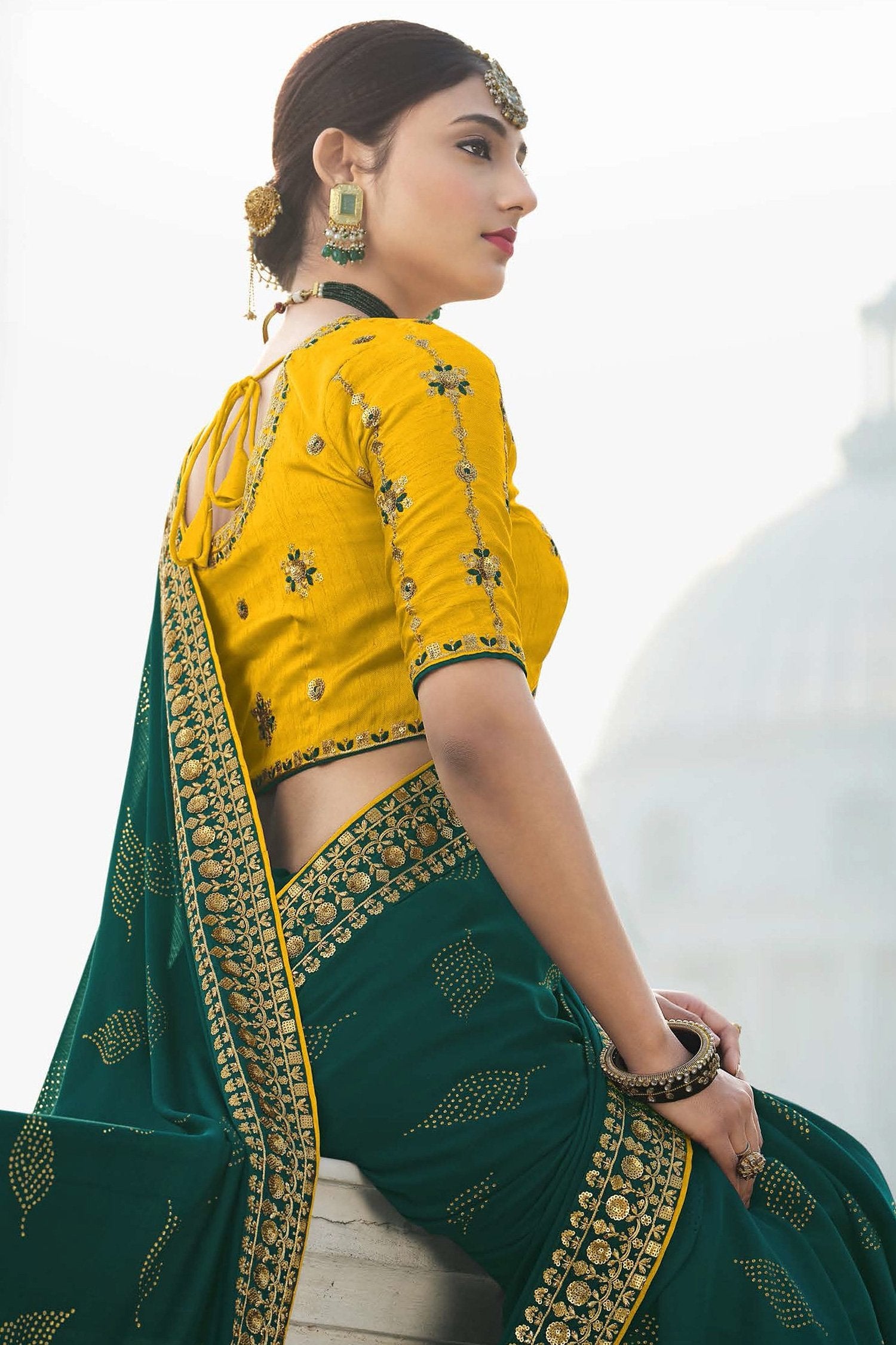 Buy MySilkLove Gable Green and Yellow Chiffon Stone Work Saree Online