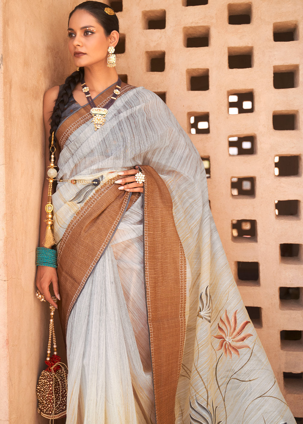 MySilkLove Wafer Grey Printed Kora Silk Saree