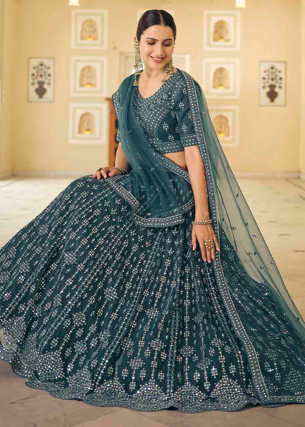 Buy MySilkLove Limed Spruce Blue Soft Net Lehenga Choli Online