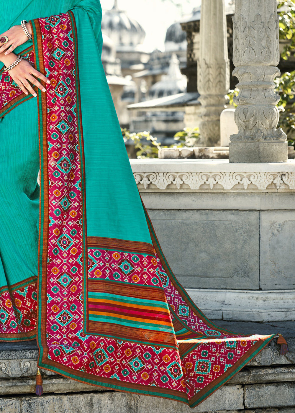 Buy MySilkLove Turquoise Blue and Pink Gadhwal Silk Saree Online