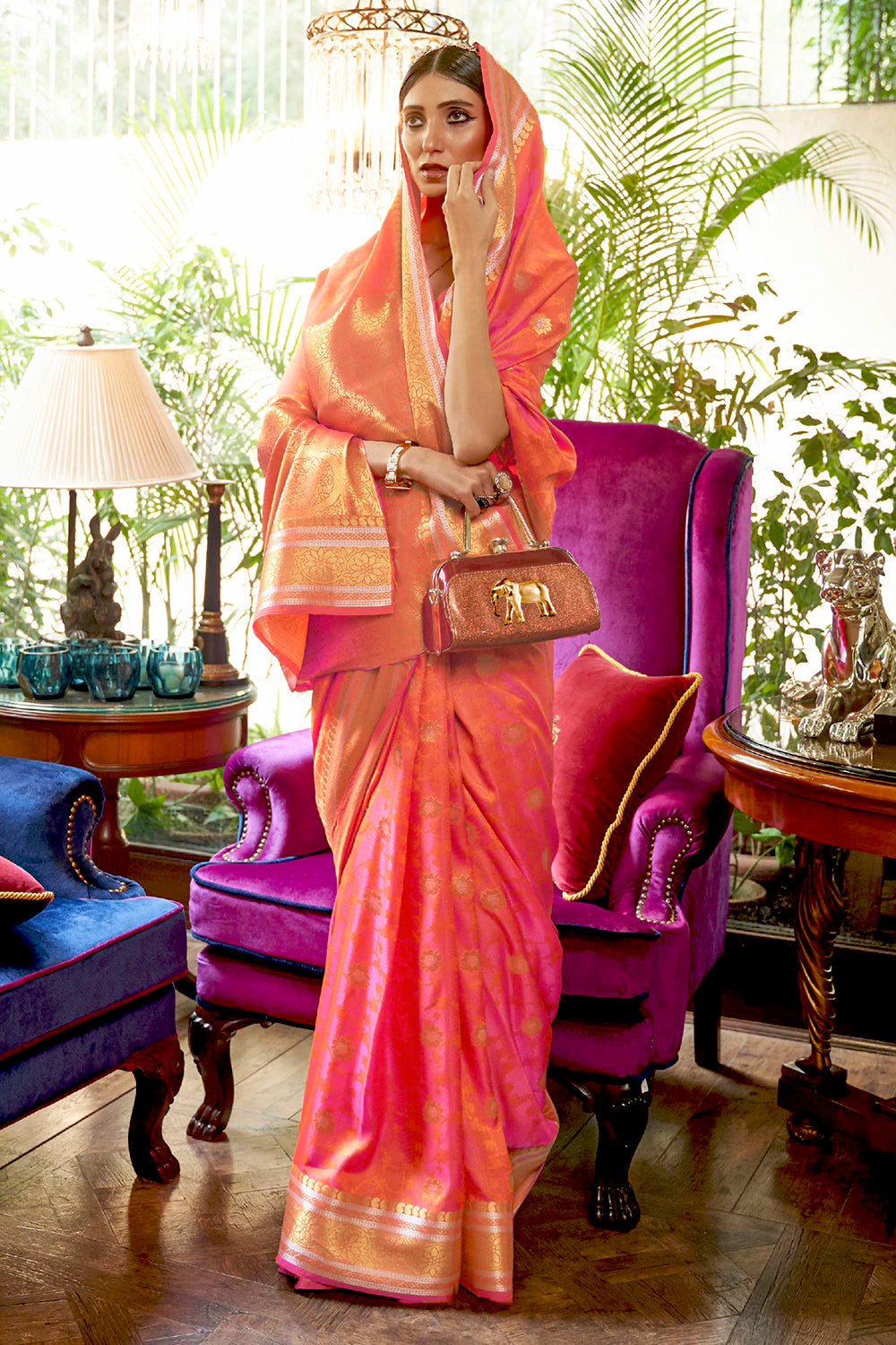 Buy MySilkLove Light Orange Woven Kanjivaram Silk Saree Online