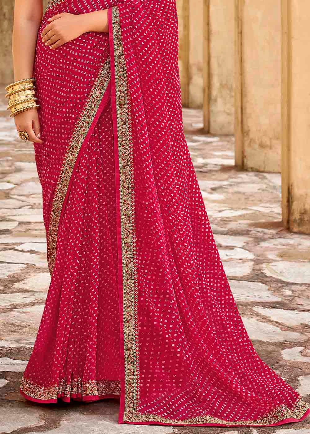 Buy MySilkLove Shiraz Red Georgette Leheriya Printed Saree with Embroidered Blouse Online