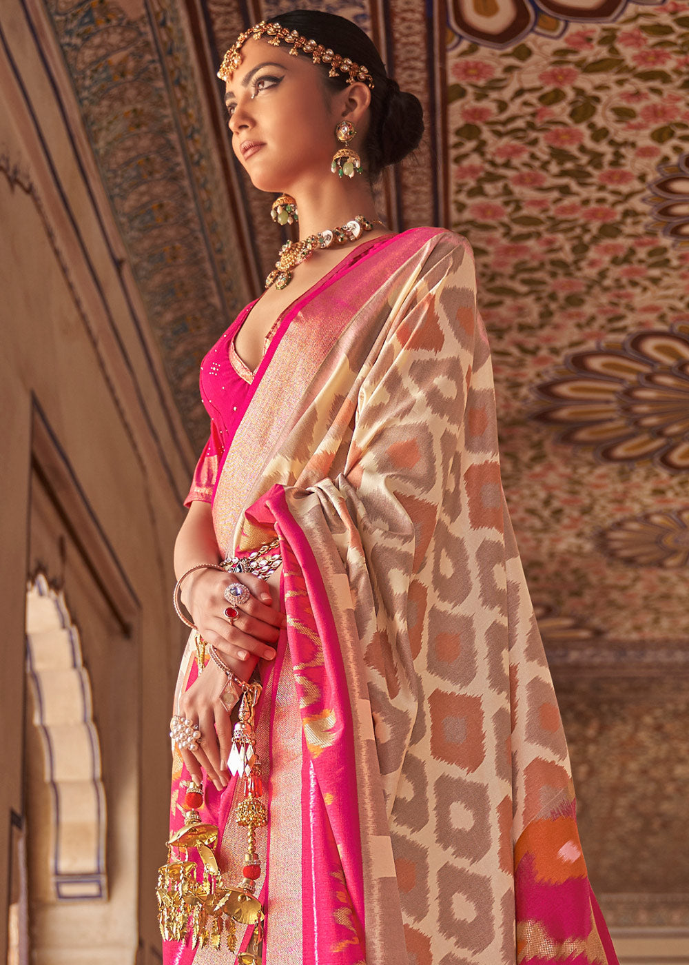 Buy MySilkLove Cerise Pink and White Printed Ptola Silk Saree Online