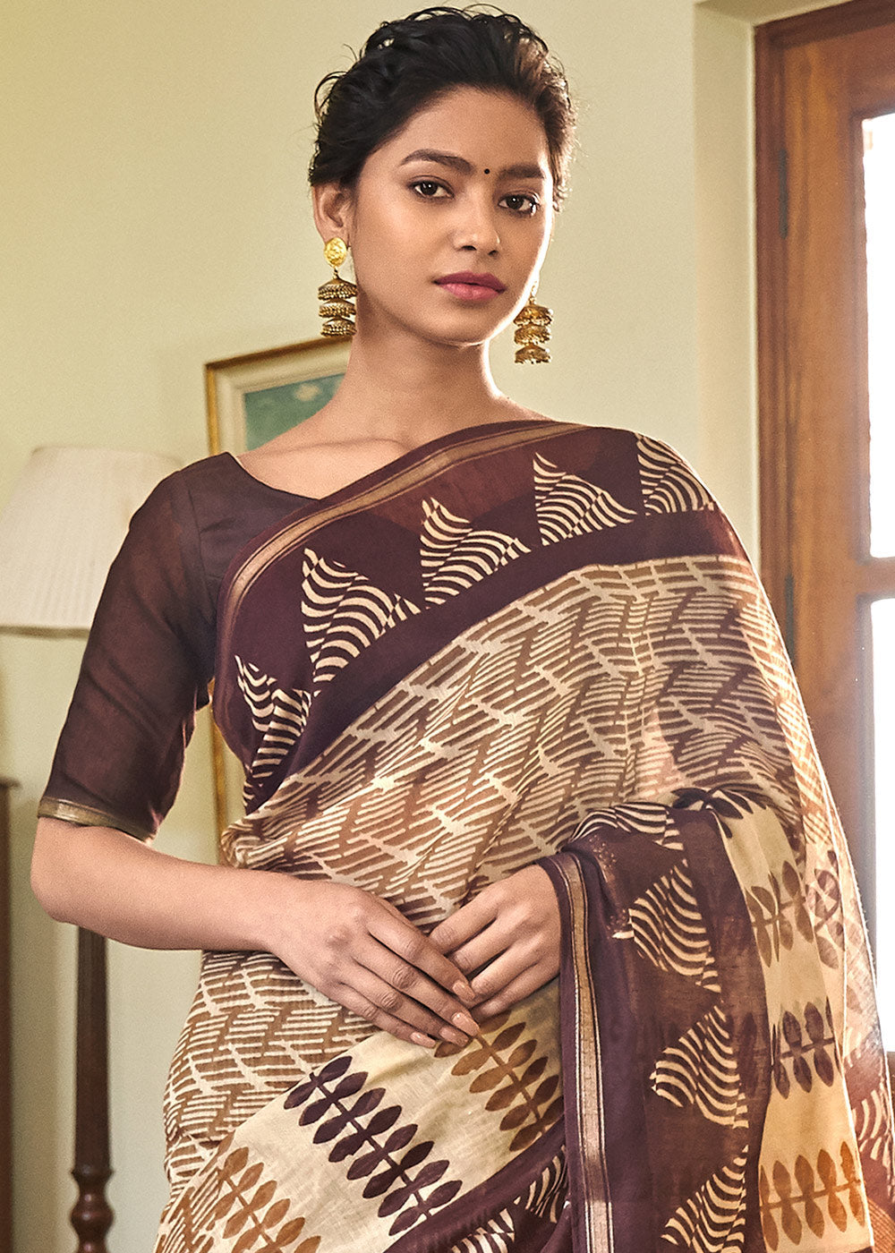 Buy MySilkLove Toast Brown Cotton Linen Batik Printed Saree Online