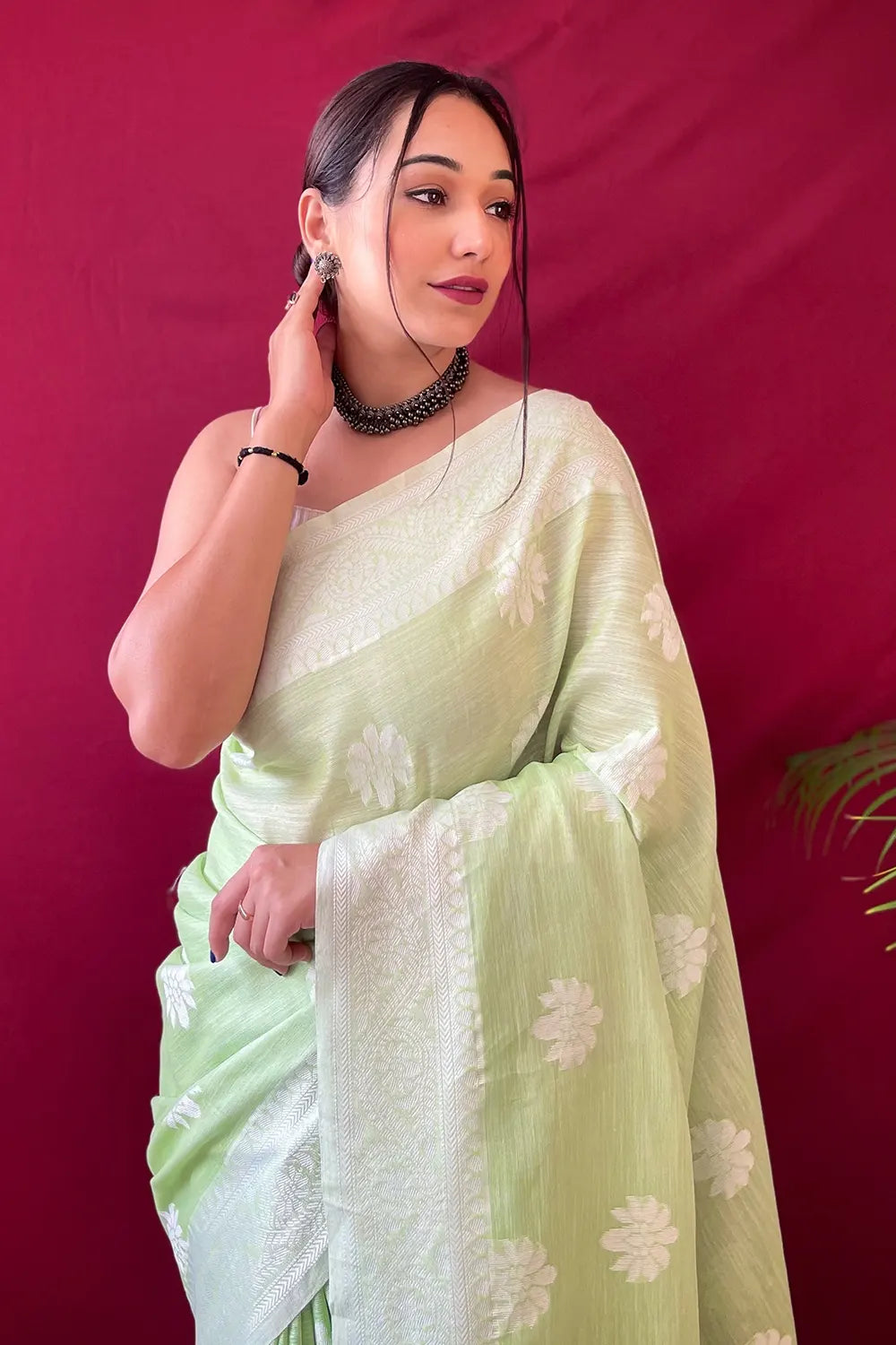 Buy MySilkLove Sage Green Lucknowi Woven Linen Saree Online