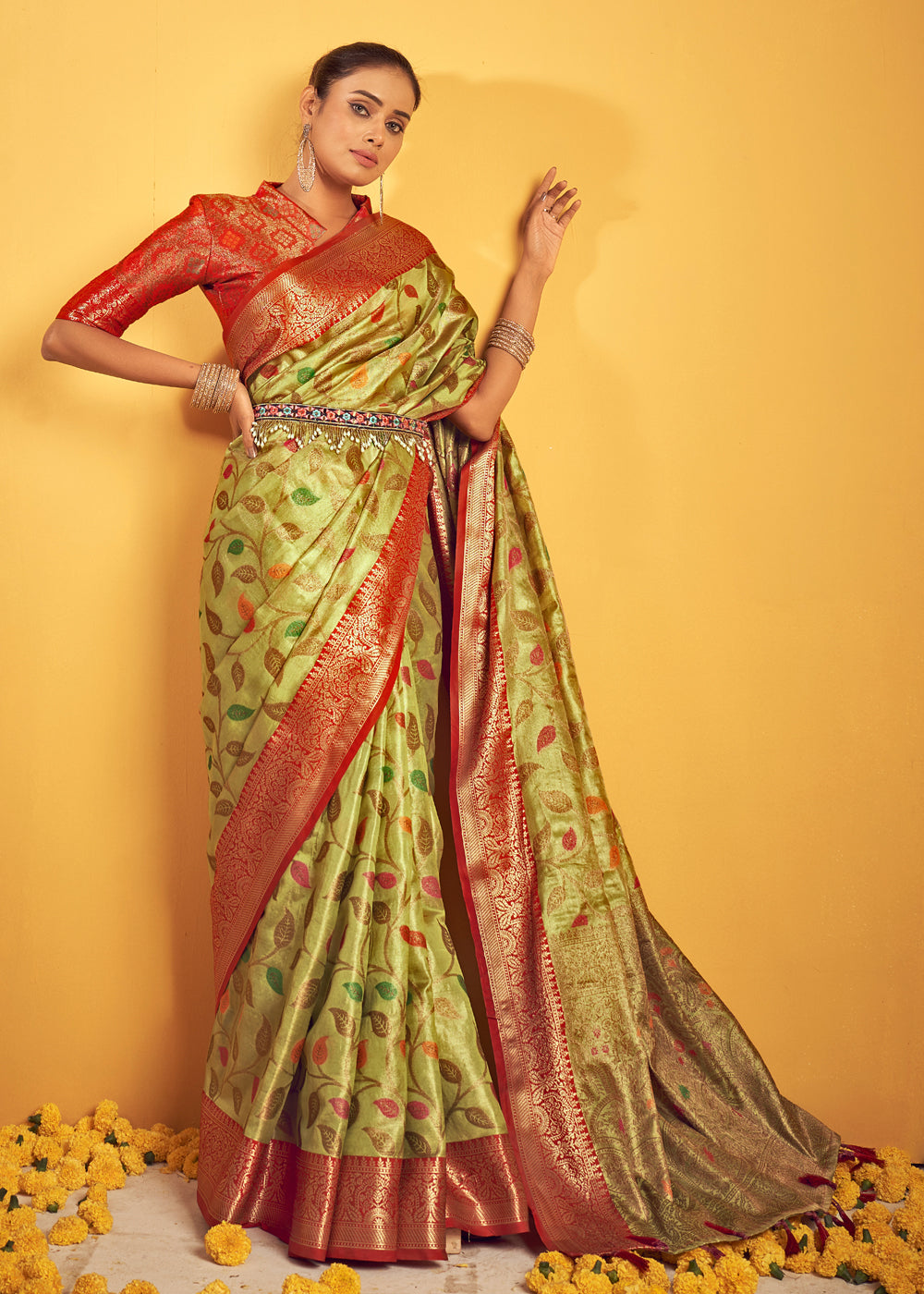 Buy MySilkLove Tacha Green Woven Banarasi Brocade Silk Saree Online