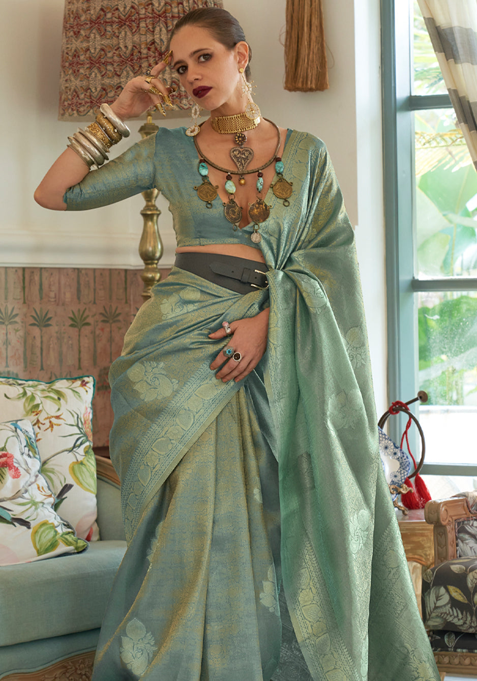Buy MySilkLove Camouflage Green Woven Banarasi Satin Tissue Silk Saree Online