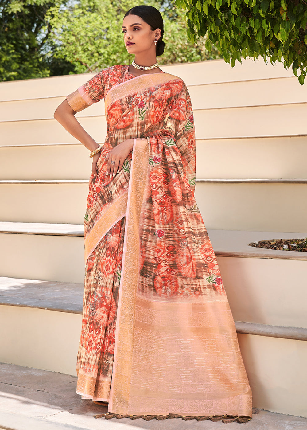 Buy MySilkLove Tacao Peach Digital Print Linen Saree Online