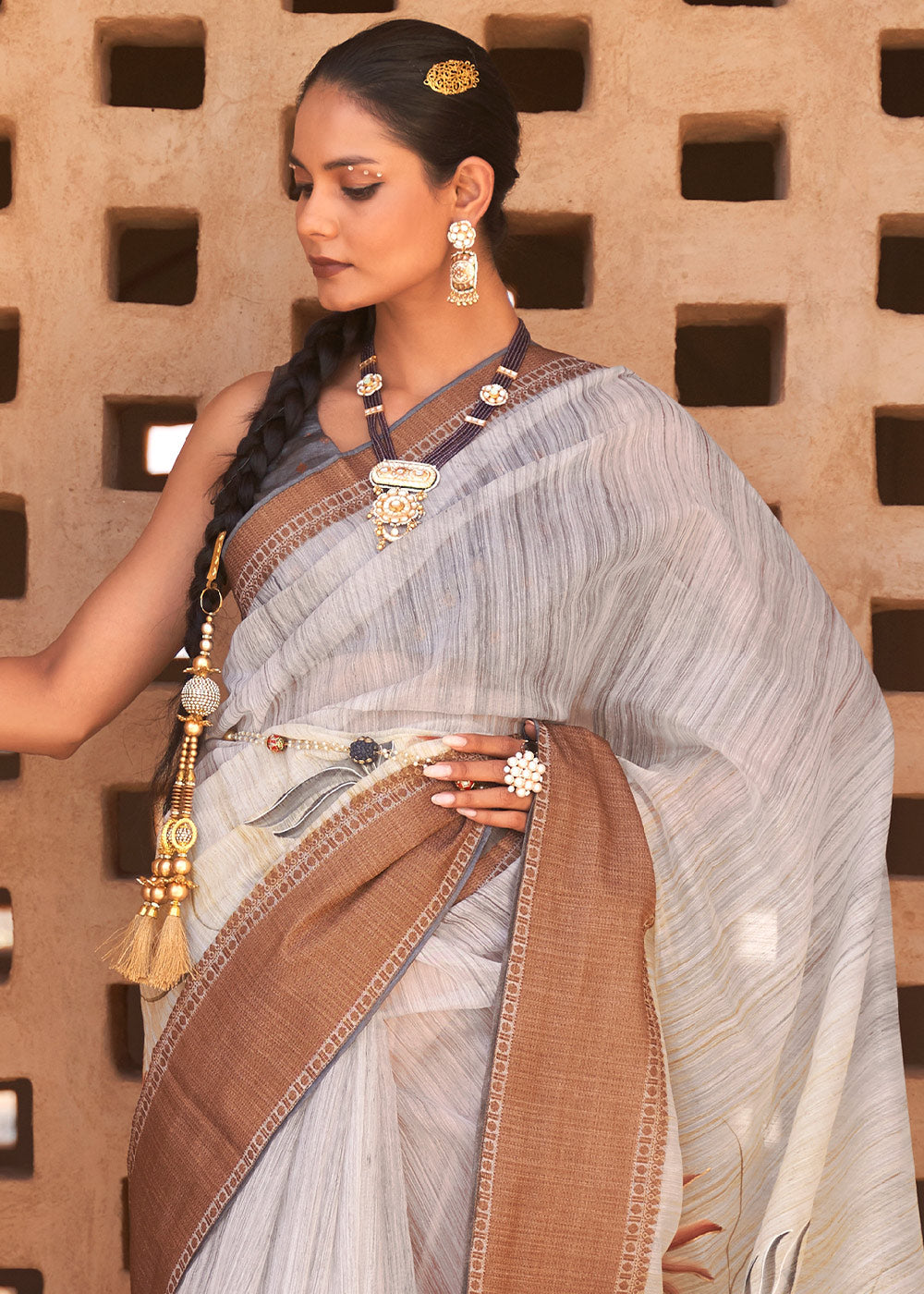 Buy MySilkLove Wafer Grey Printed Kora Silk Saree Online