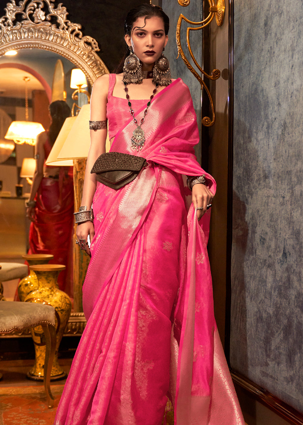 Buy MySilkLove Fiery Rose Pink Dual Tone Banarasi Organza Silk Saree Online