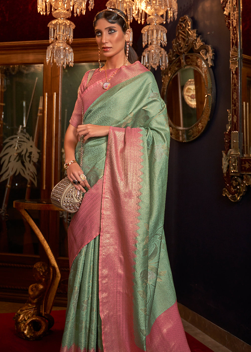 Buy MySilkLove Viridian Green Zari Woven Banarasi Tanchoi Silk Saree Online