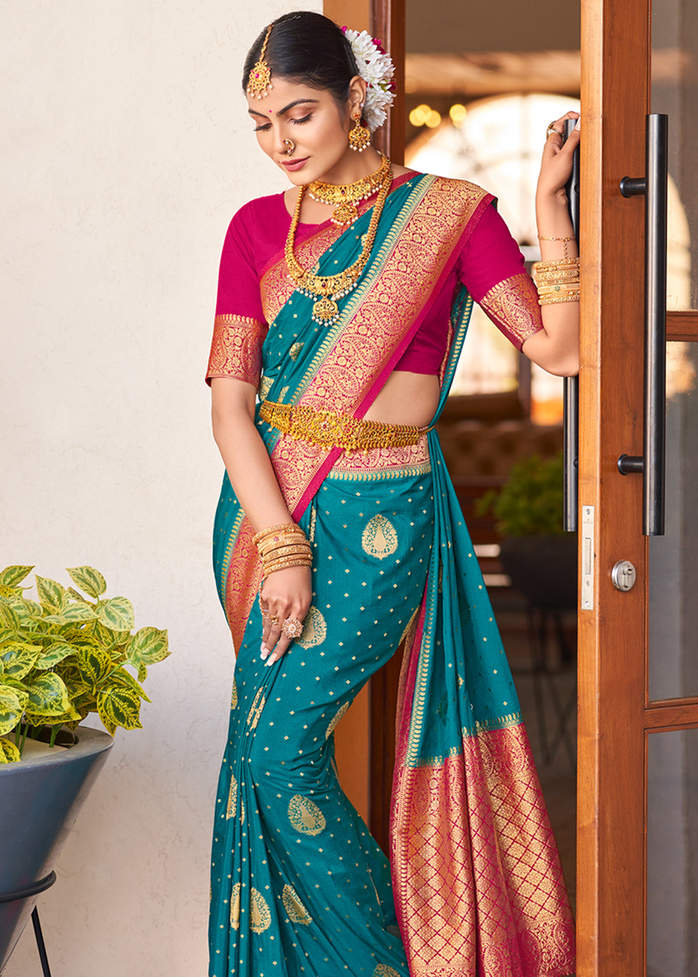 Buy MySilkLove Malachite Blue Woven Banarasi Crepe Silk Saree Online