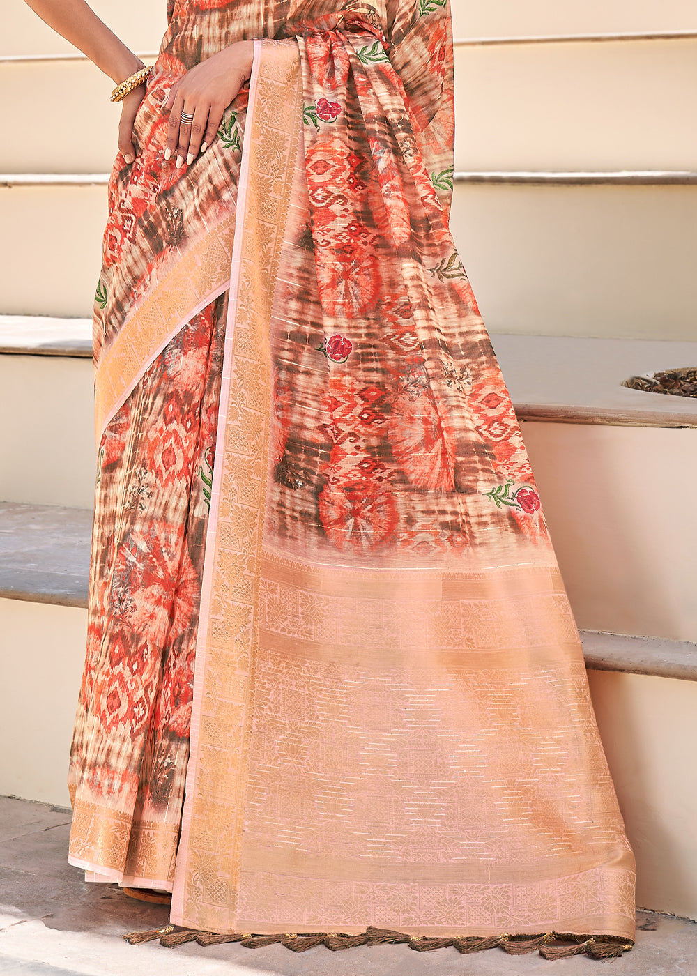 Buy MySilkLove Tacao Peach Digital Print Linen Saree Online