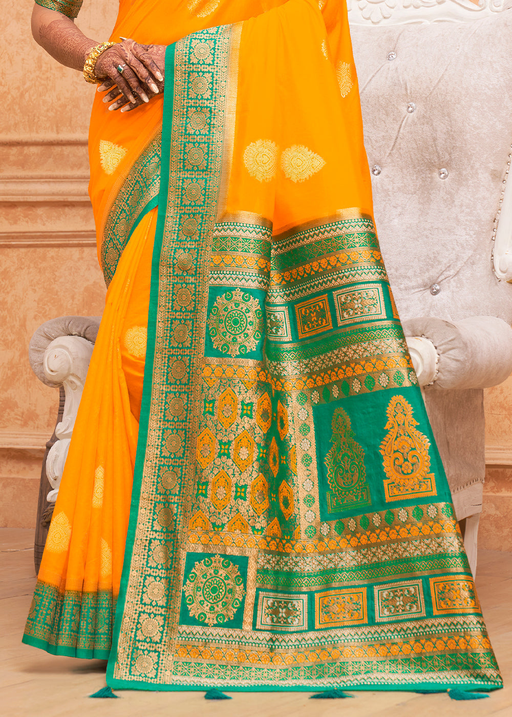 Buy MySilkLove Web Orange and Green Zari Woven Banarasi Silk Saree Online