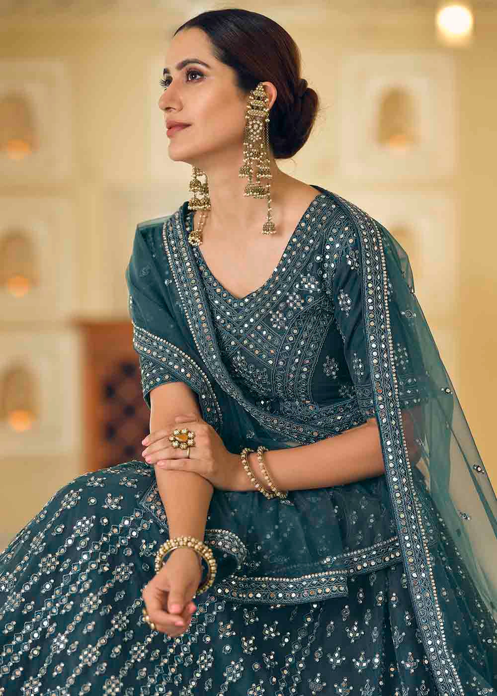 Buy MySilkLove Limed Spruce Blue Soft Net Lehenga Choli Online