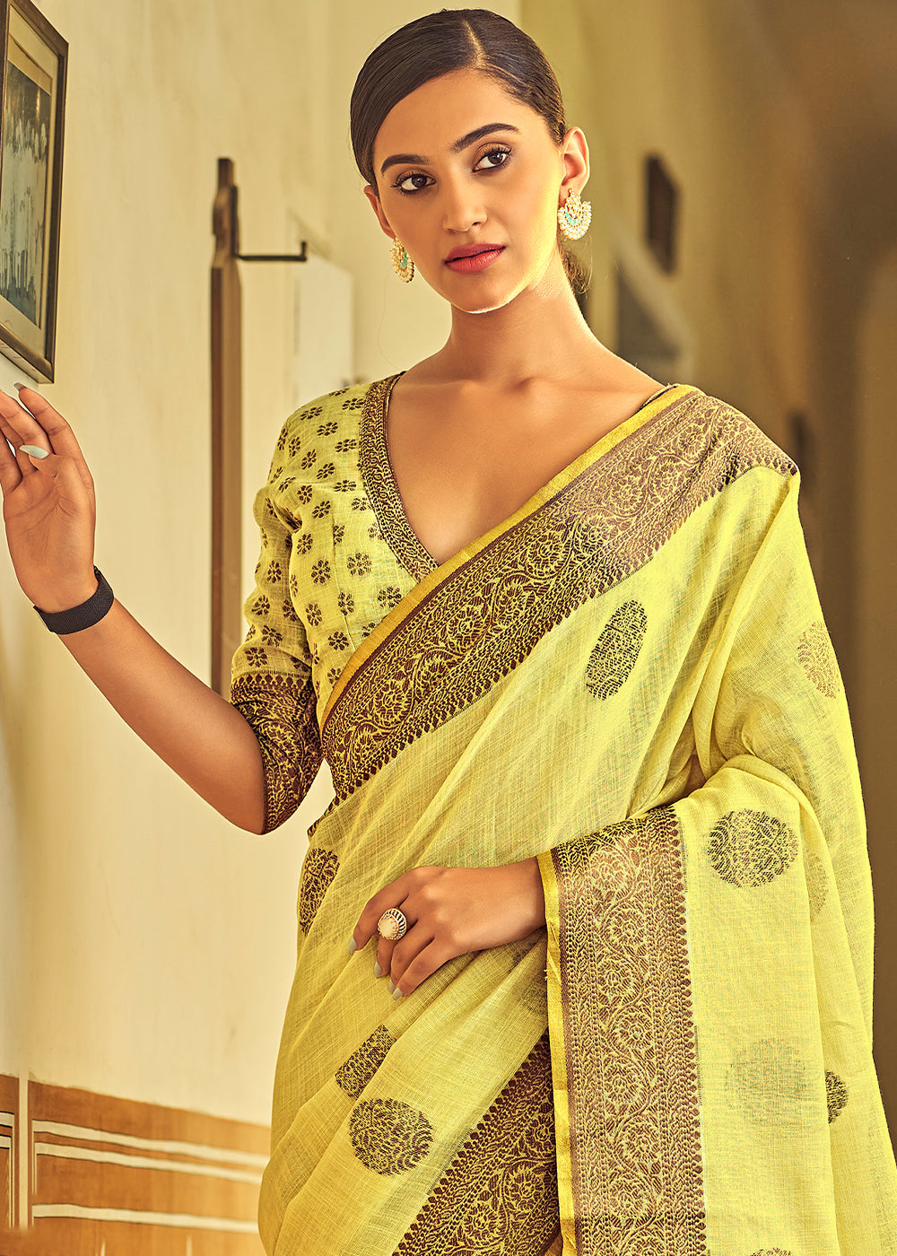 Buy MySilkLove Sweet Corn Yellow Linen Silk Saree Online