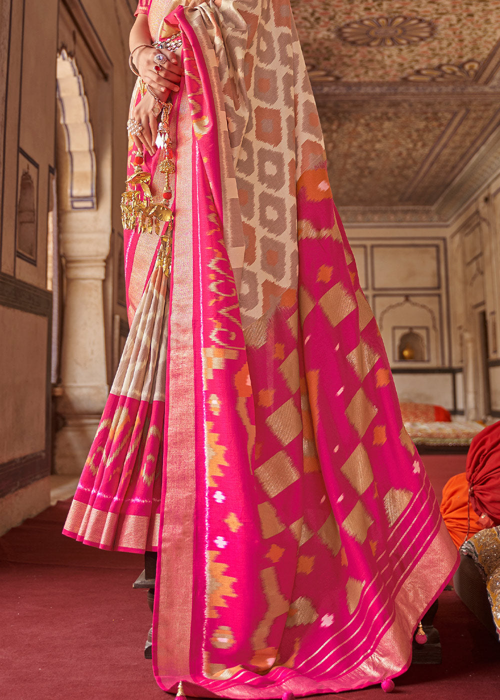 Buy MySilkLove Cerise Pink and White Printed Ptola Silk Saree Online