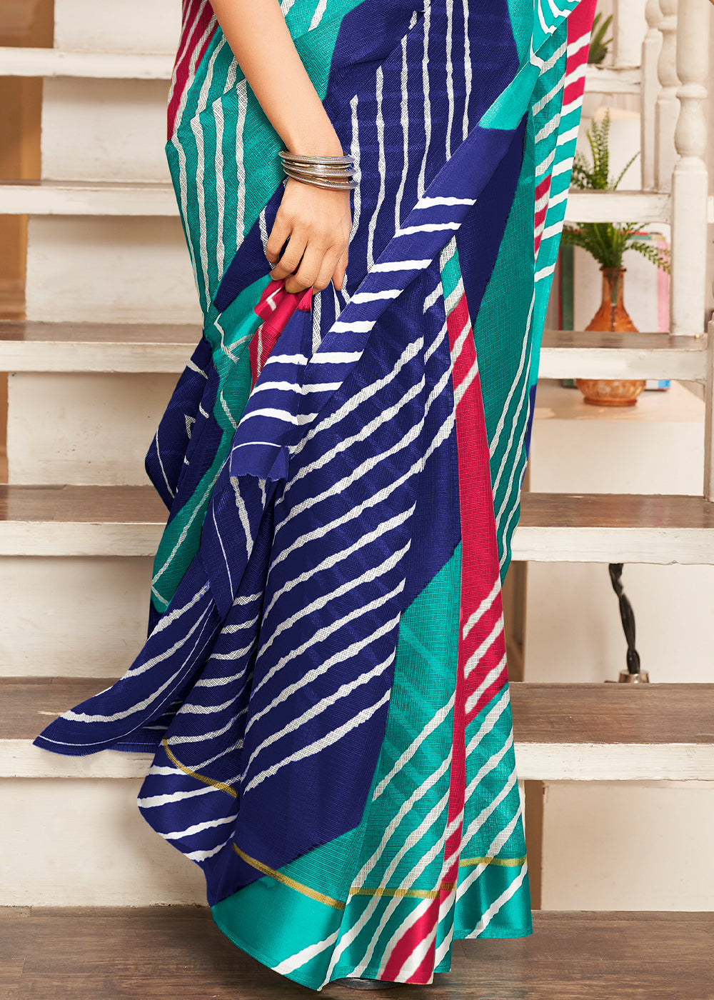 Buy MySilkLove Fiord Blue and Pink Cotton Saree With Lehriya Print Online