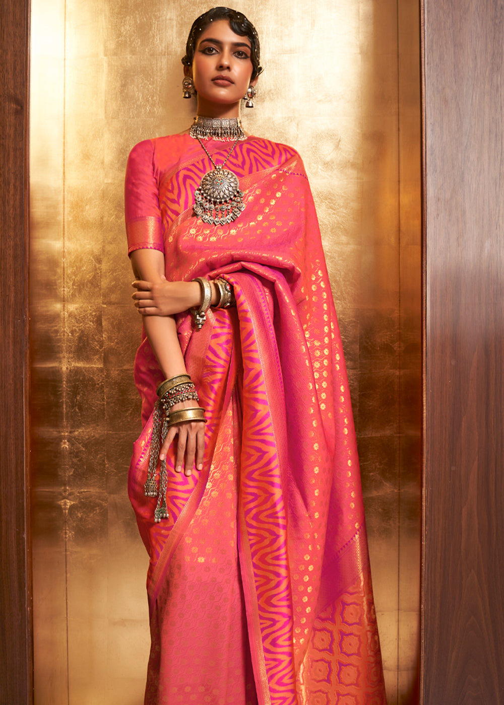 Buy MySilkLove French Rose Pink Woven Banarasi Silk Saree Online