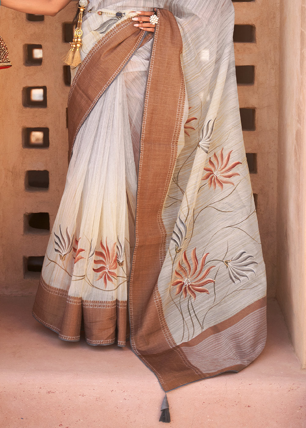 Buy MySilkLove Wafer Grey Printed Kora Silk Saree Online