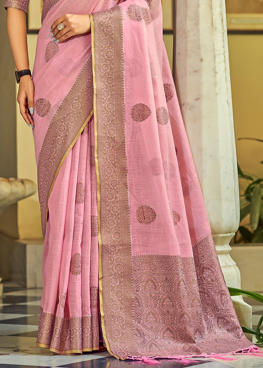 Buy MySilkLove Shimmering Blush Pink Linen Silk Saree Online