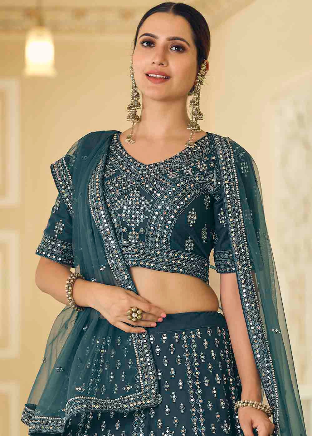 Buy MySilkLove Limed Spruce Blue Soft Net Lehenga Choli Online