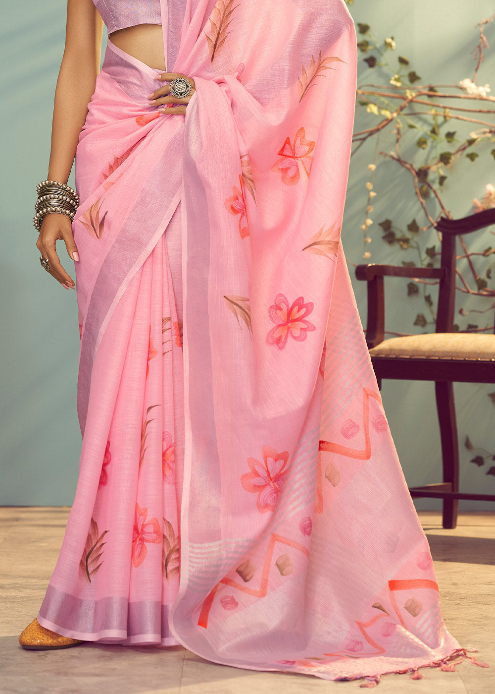 Buy MySilkLove Wewak Pink Soft Linen Silk Floral Printed Saree Online