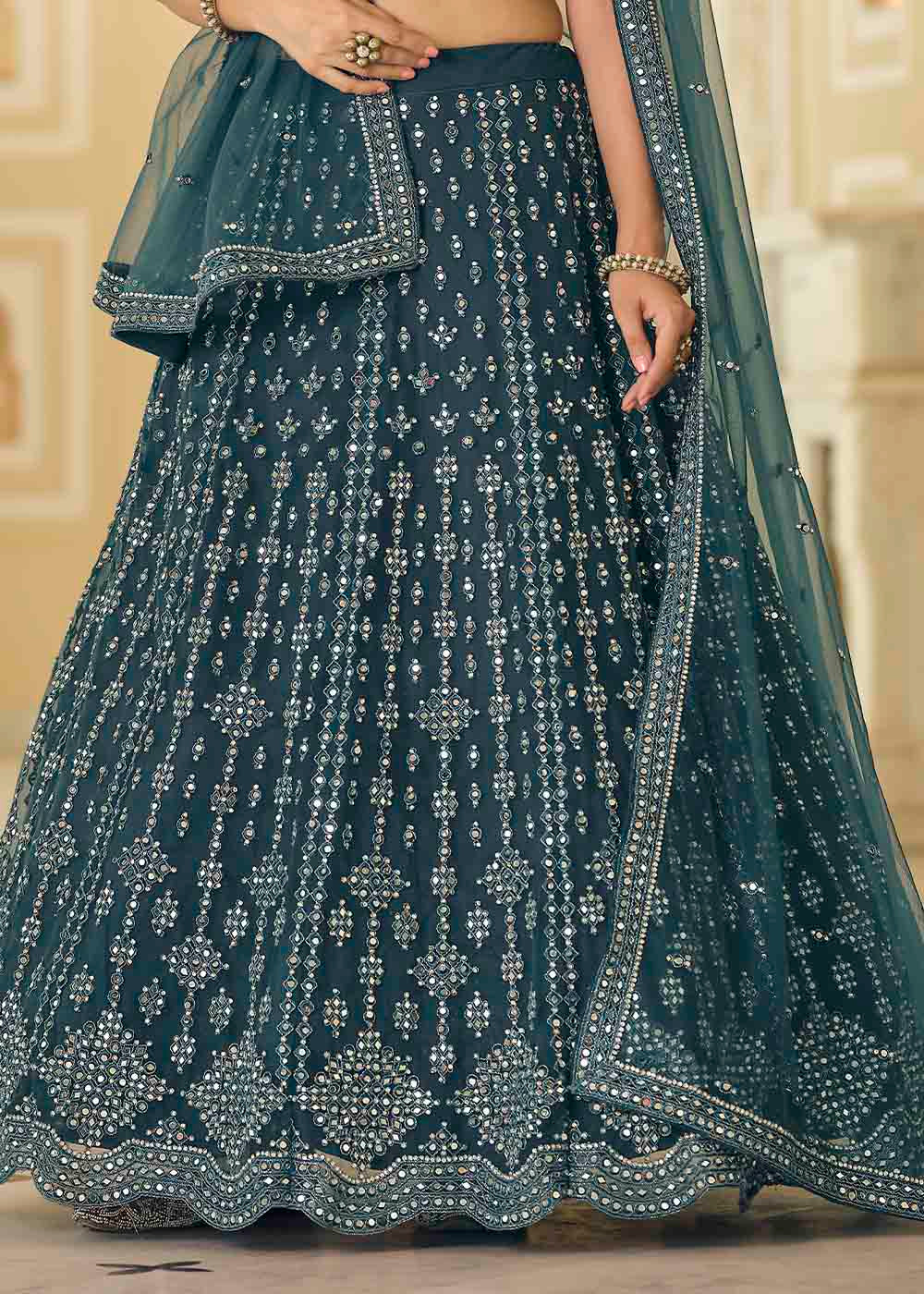 Buy MySilkLove Limed Spruce Blue Soft Net Lehenga Choli Online