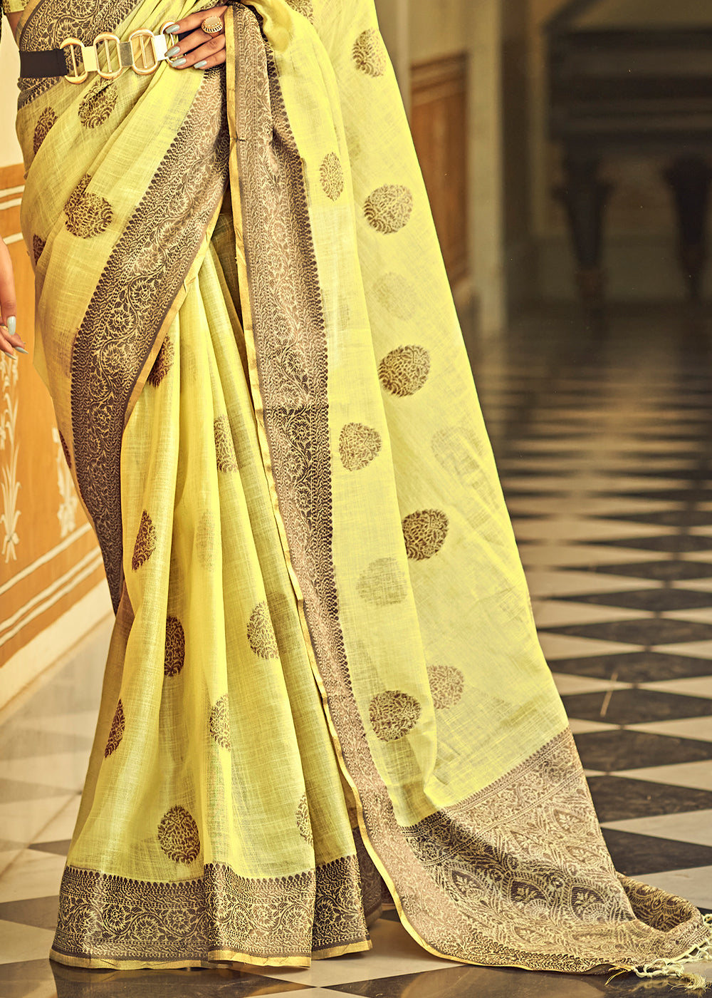 Buy MySilkLove Sweet Corn Yellow Linen Silk Saree Online