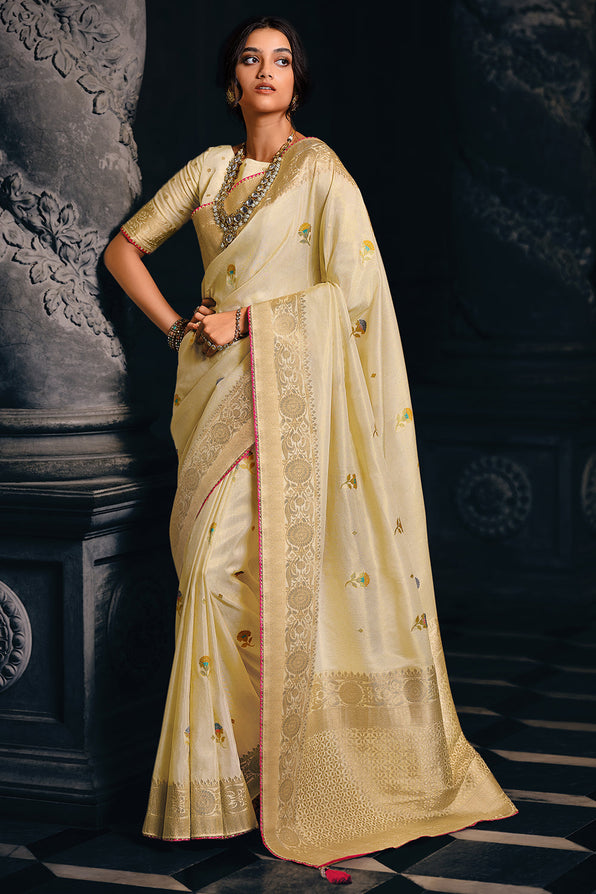 Buy MySilkLove Akaroa Cream Zari Woven Banarasi Saree Online