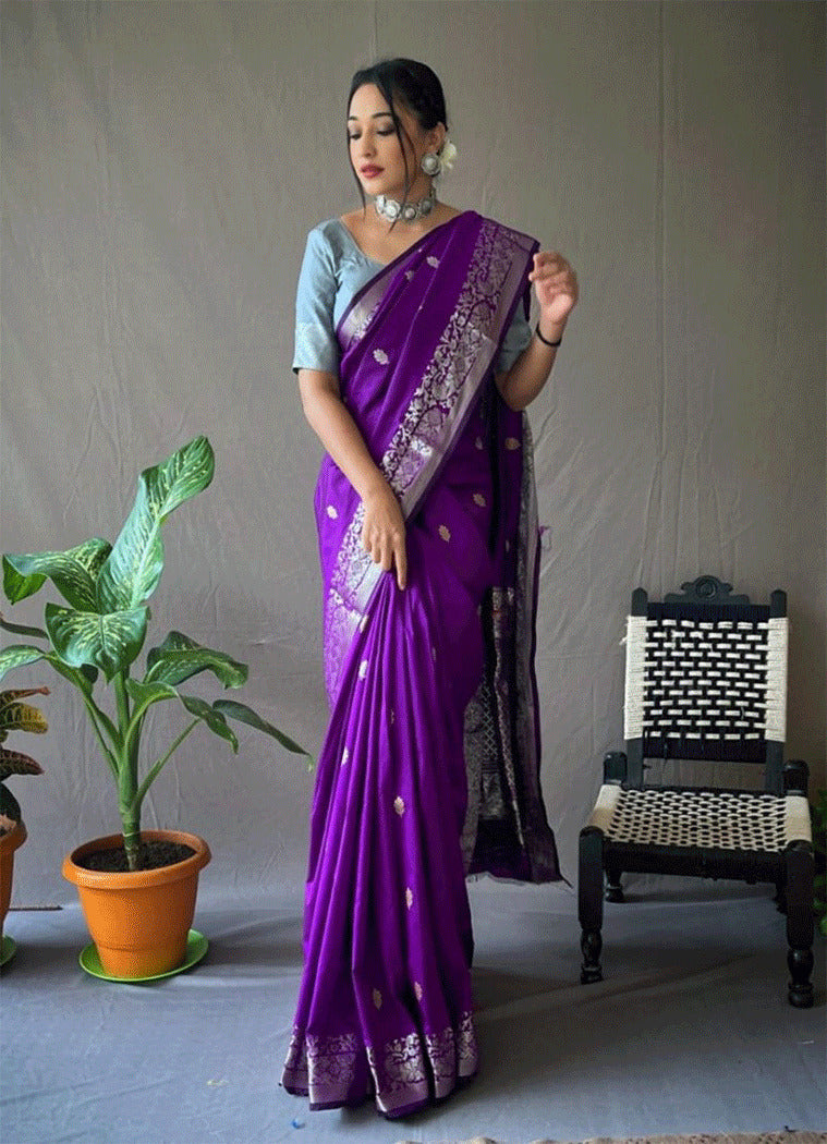 Buy MySilkLove Eminence Purple Zari Woven Banarasi Silk Saree Online