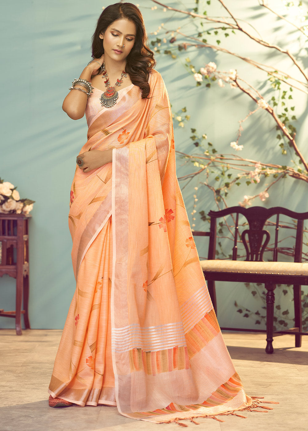 Buy MySilkLove Flesh Orange Soft Linen Silk Floral Printed Saree Online