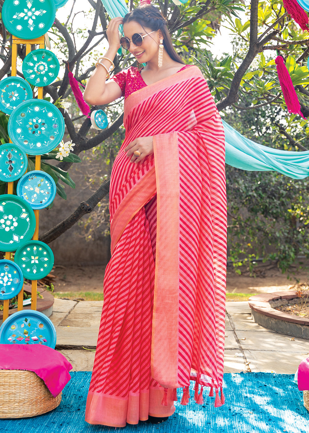 Buy MySilkLove Alizarin Pink Cotton Saree With Leheriya Print Online