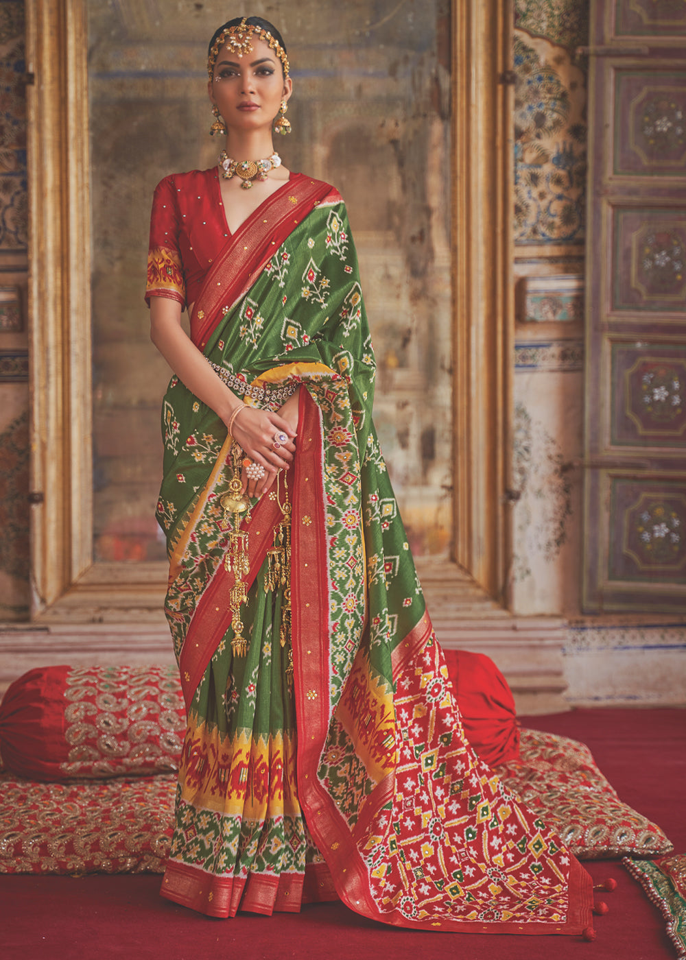 Buy MySilkLove Hemlock Green and Red Woven Patola Silk Saree Online