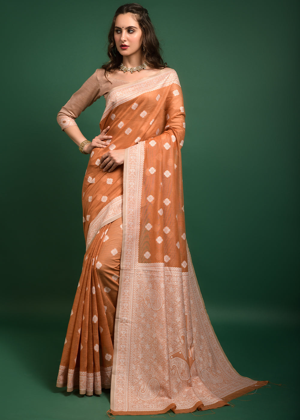 Buy MySilkLove Macaroni Orange Chikankari Chanderi Cotton Woven Saree Online