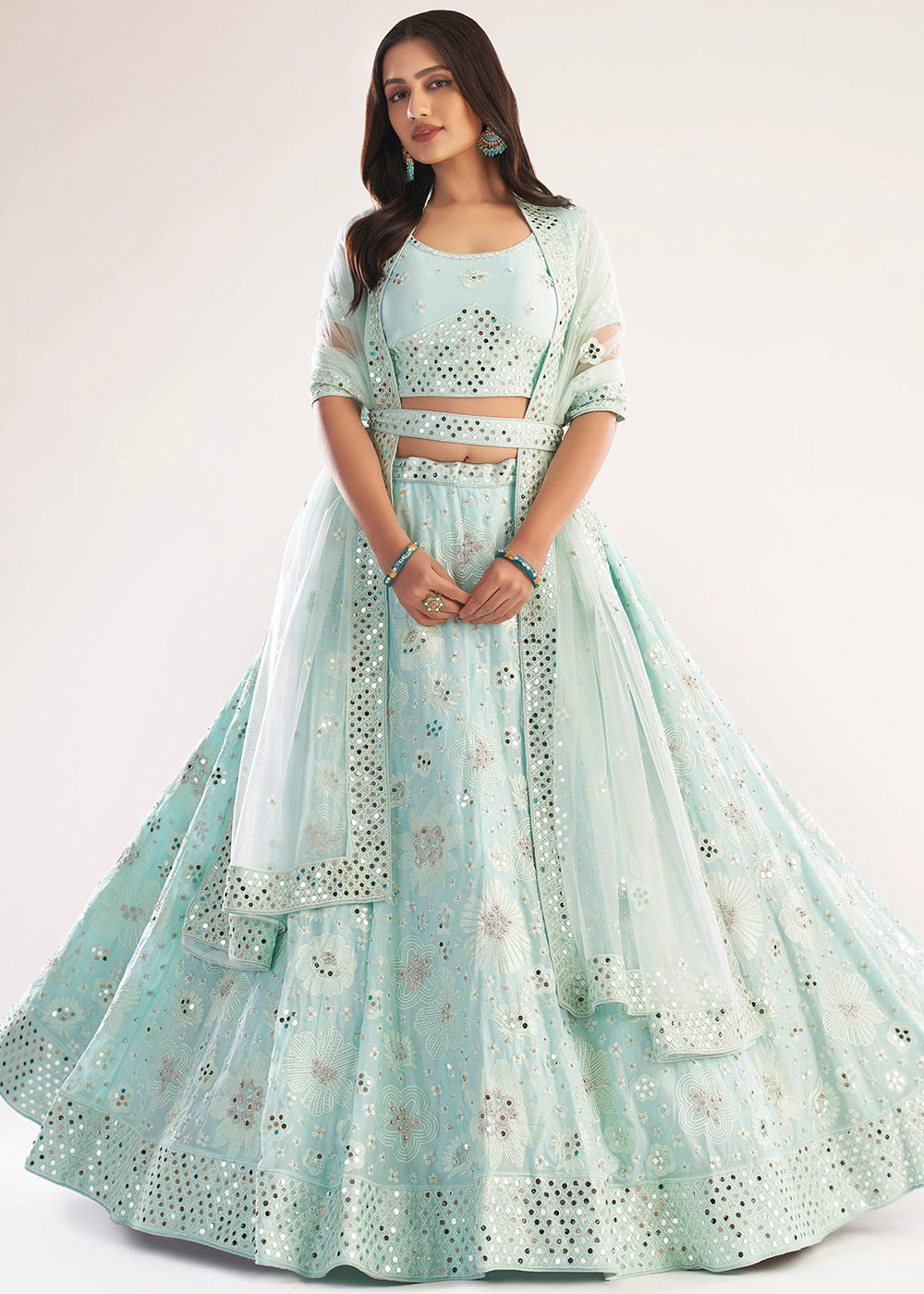 Buy MySilkLove Moon Mist Blue Net Designer Lehenga Choli Online