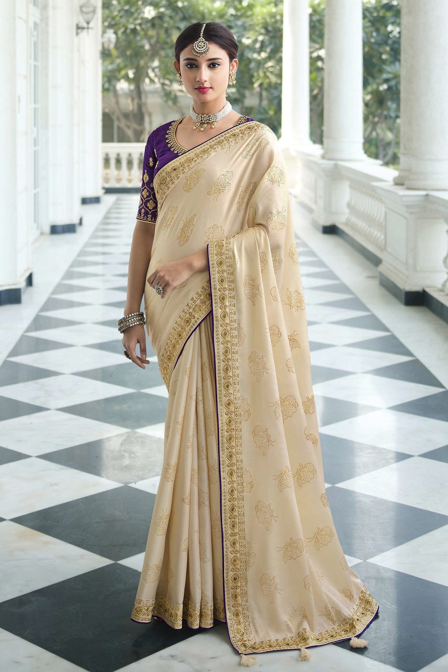 Buy MySilkLove Hampton Cream and Purple Chiffon Stone Work Saree Online