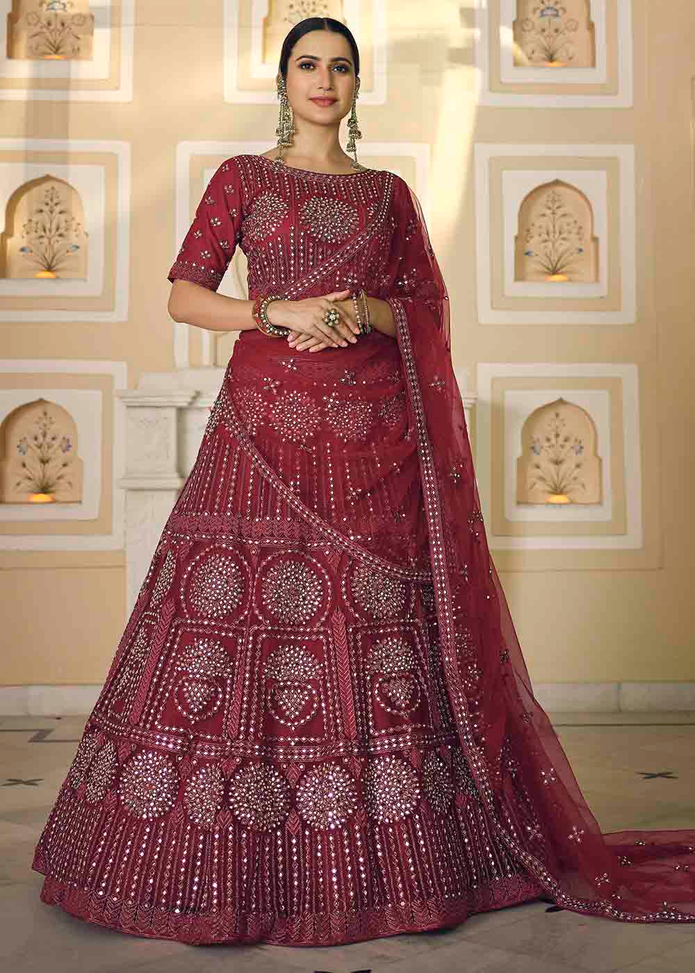 Buy MySilkLove Nutmeg Red Soft Net Lehenga Choli Online